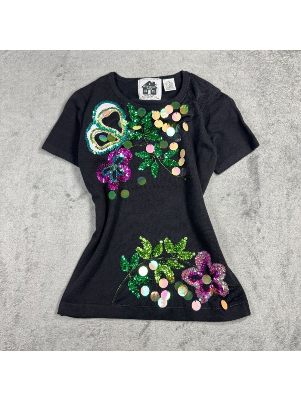 Vintage Storybook Knits Butterfly Sequin Floral Embellished Fairy Top Womens XS